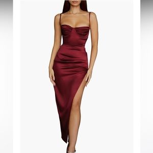 House of CB Flora Pleated Satin Midi Dress